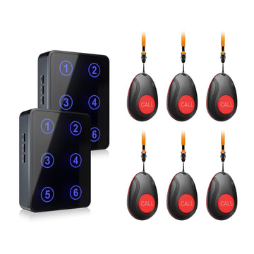 Buscapersonas Daytech para cuidadores con 6 botones impermeables y 2 receptores enchufables: alcance mejorado y alertas de llamadas específicas para cada habitación.